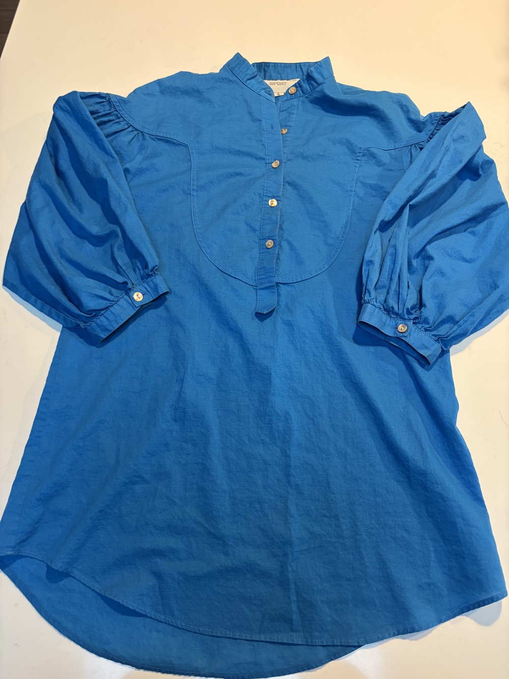 Oscar de la Renta Sport Women's Tunic Blouse Blue Size 6 Cotton Puff Sleeve Bib